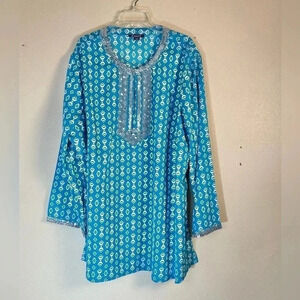 Roamans Plus Size 32W Tunic Top Ikat Diamond Print Beaded Neck Sleeve Turquoise